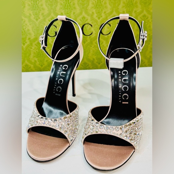 Gucci GG Crystal Embellished Rhinestones Heels Pink Satin Sandals Size 37.5 - Picture 6 of 16